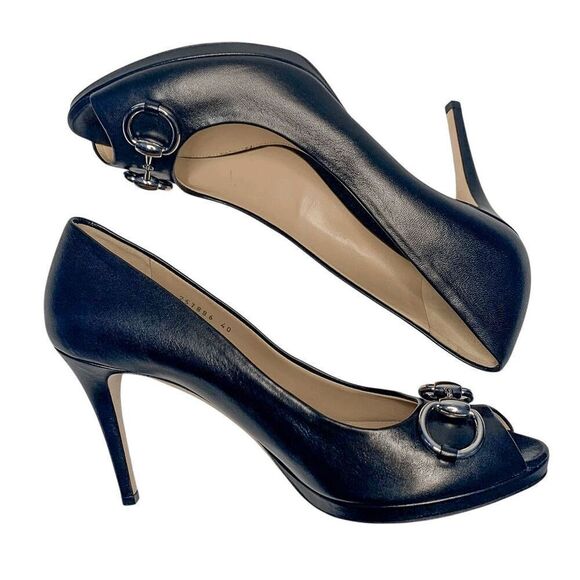 Gucci Black Nappa Leather Silver Horsebit Pumps EU 40 US 10 Peep Toe High Heels - Picture 8 of 10